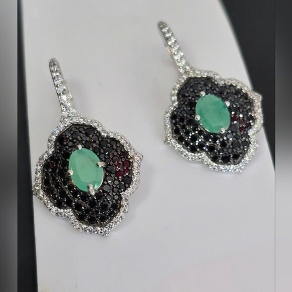 925 Sterling Silver Earrings with Natural Emerald 9x7mm & Blk Spinel Gems - Picture 8 of 8